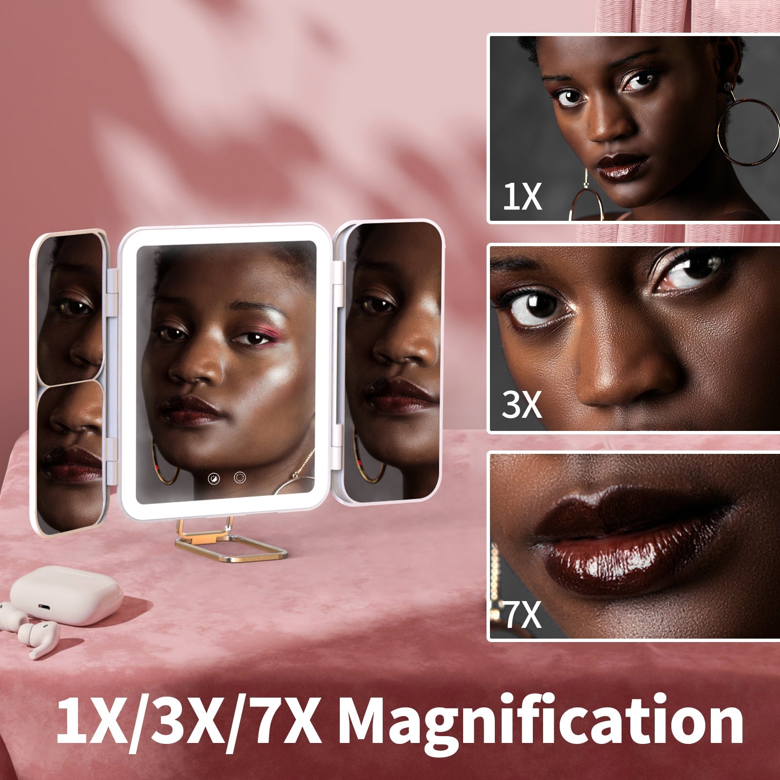 [1X/3X/7X Magnification] VEVETEC Rechargeable Lighted Makeup Mirror, Portable Trifold Led Vanity Mirror, Dimmable, 3Color, 1X/3X/7X Magnification