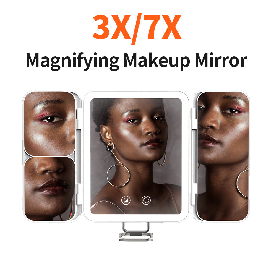 [1X/3X/7X Magnification] VEVETEC Rechargeable Lighted Makeup Mirror, Portable Trifold Led Vanity Mirror, Dimmable, 3Color, 1X/3X/7X Magnification