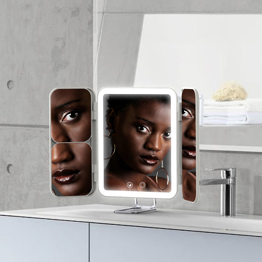 [Bathroom] VEVETEC Rechargeable Lighted Makeup Mirror, Portable Trifold Led Vanity Mirror, Dimmable, 3Color, 1X/3X/7X Magnification
