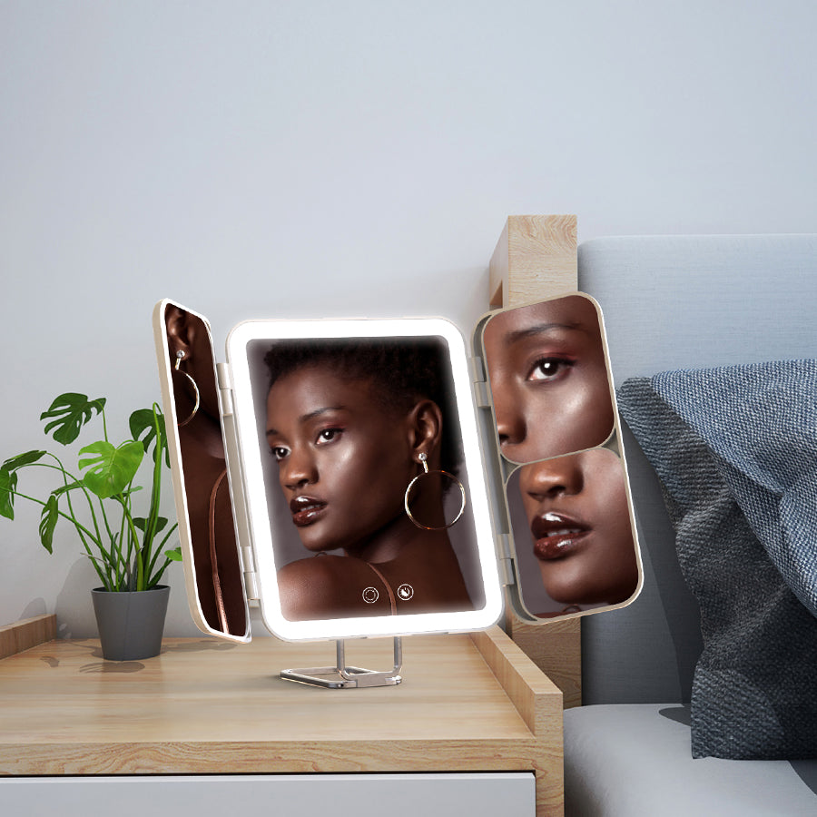 [Bedroom] VEVETEC Rechargeable Lighted Makeup Mirror, Portable Trifold Led Vanity Mirror, Dimmable, 3Color, 1X/3X/7X Magnification