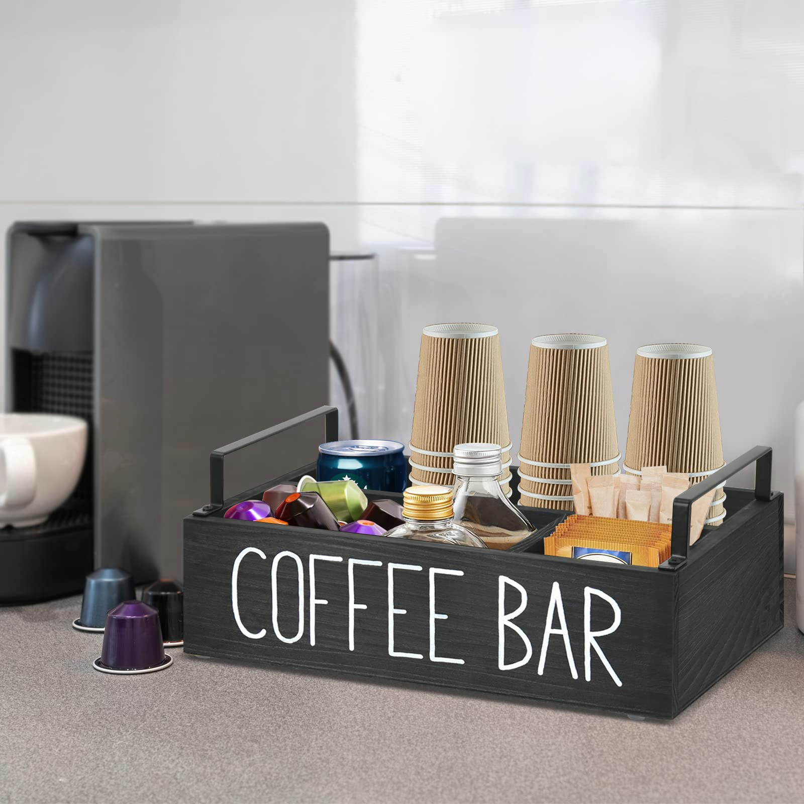  Coffee Bar Accessories Organizer Countertop, Wood Coffee  Station Organizer with Handle, K Cup Storage Basket Coffee Pod Holders with  Drawer, Farmhouse Coffee Condiment Organizer for Coffee Bar Decor : Home 