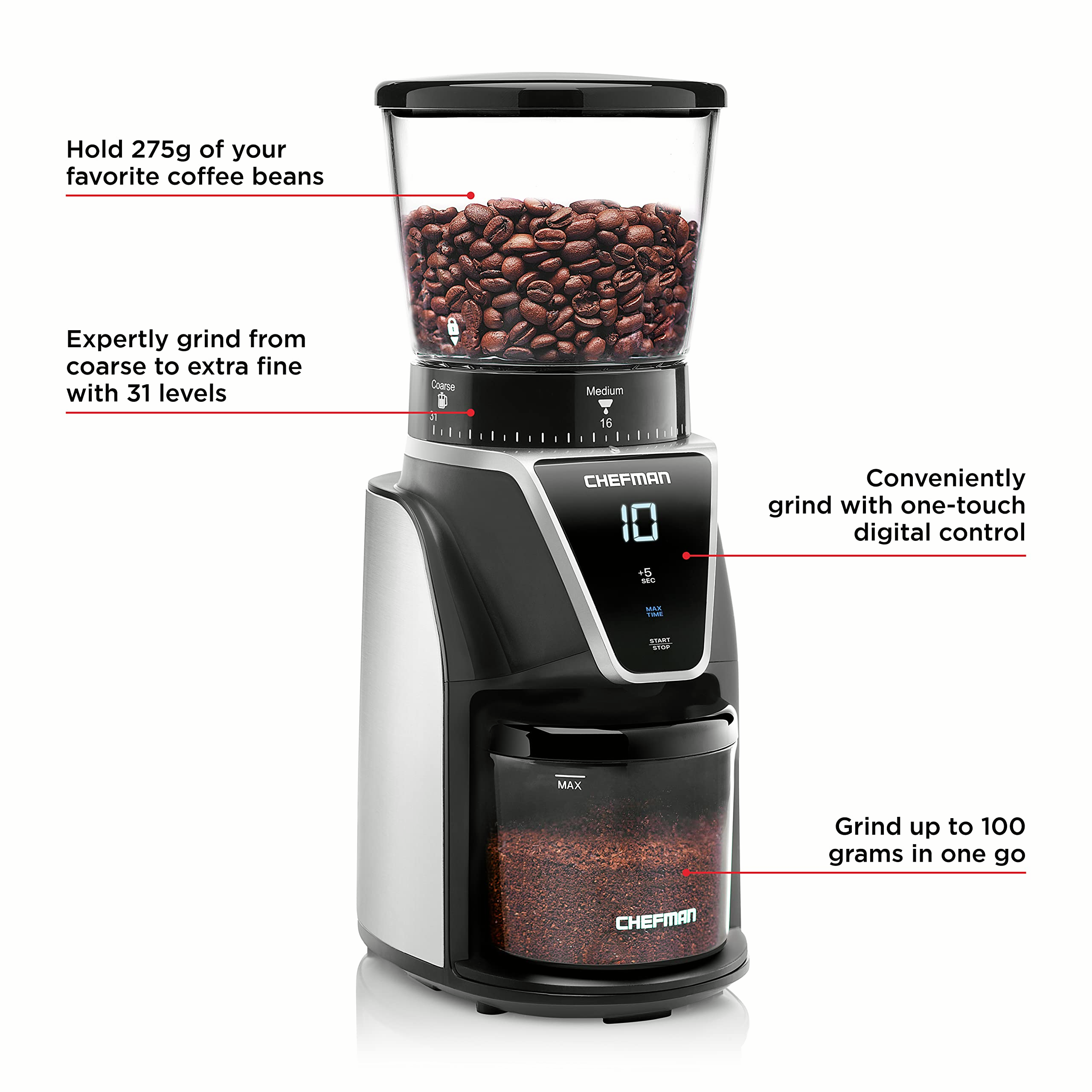Conical Burr Coffee Grinder, Create The Boldest & Most Flavorful Grind With 31 Settings From Coarse To Extra Fine, One-Touch Digital Control & 9.7-oz Bean Capacity
