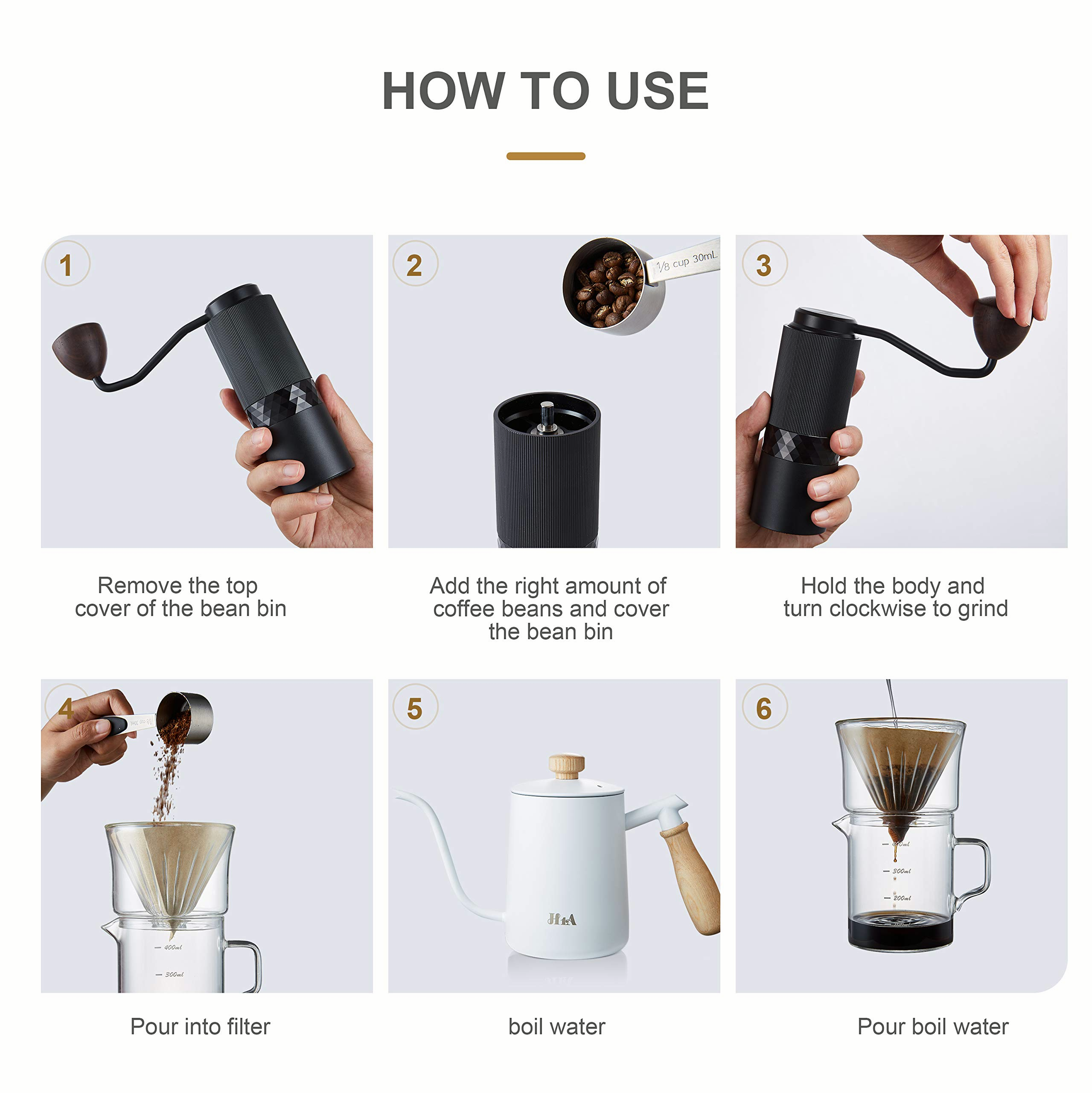 H1A Coffee Grinder Set, Pour Over Coffee Maker Set, Kit Includes Stainless Steel Gooseneck Kettle, Manual Coffee Grinder & Coffee Dripper Brewer & 40 pieces of coffee filter paper, Great Replacement for Coffee Machines, Excellent Coffee Gift (black)0