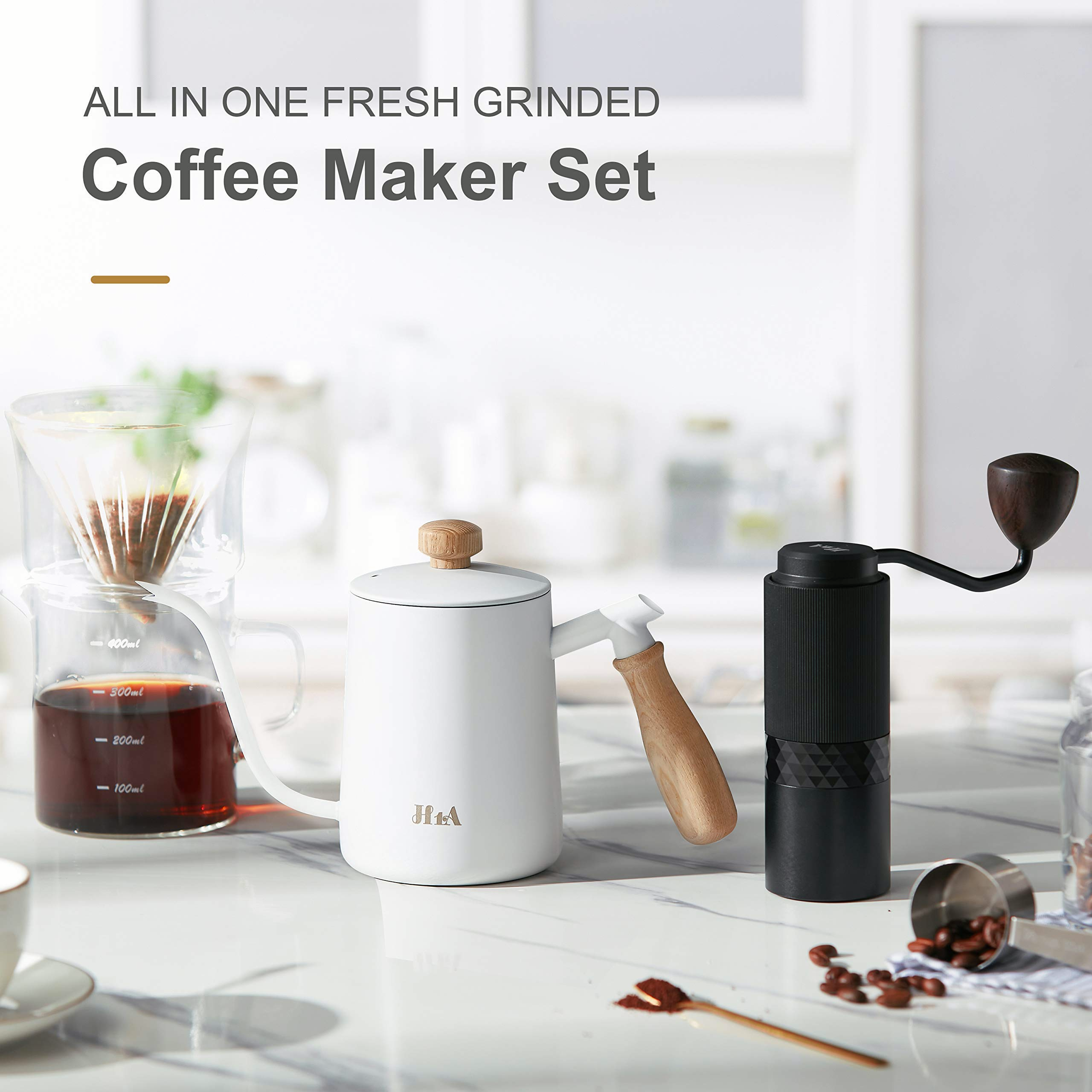 H1A Coffee Grinder Set, Pour Over Coffee Maker Set, Kit Includes Stainless Steel Gooseneck Kettle, Manual Coffee Grinder & Coffee Dripper Brewer & 40 pieces of coffee filter paper, Great Replacement for Coffee Machines, Excellent Coffee Gift (black)0