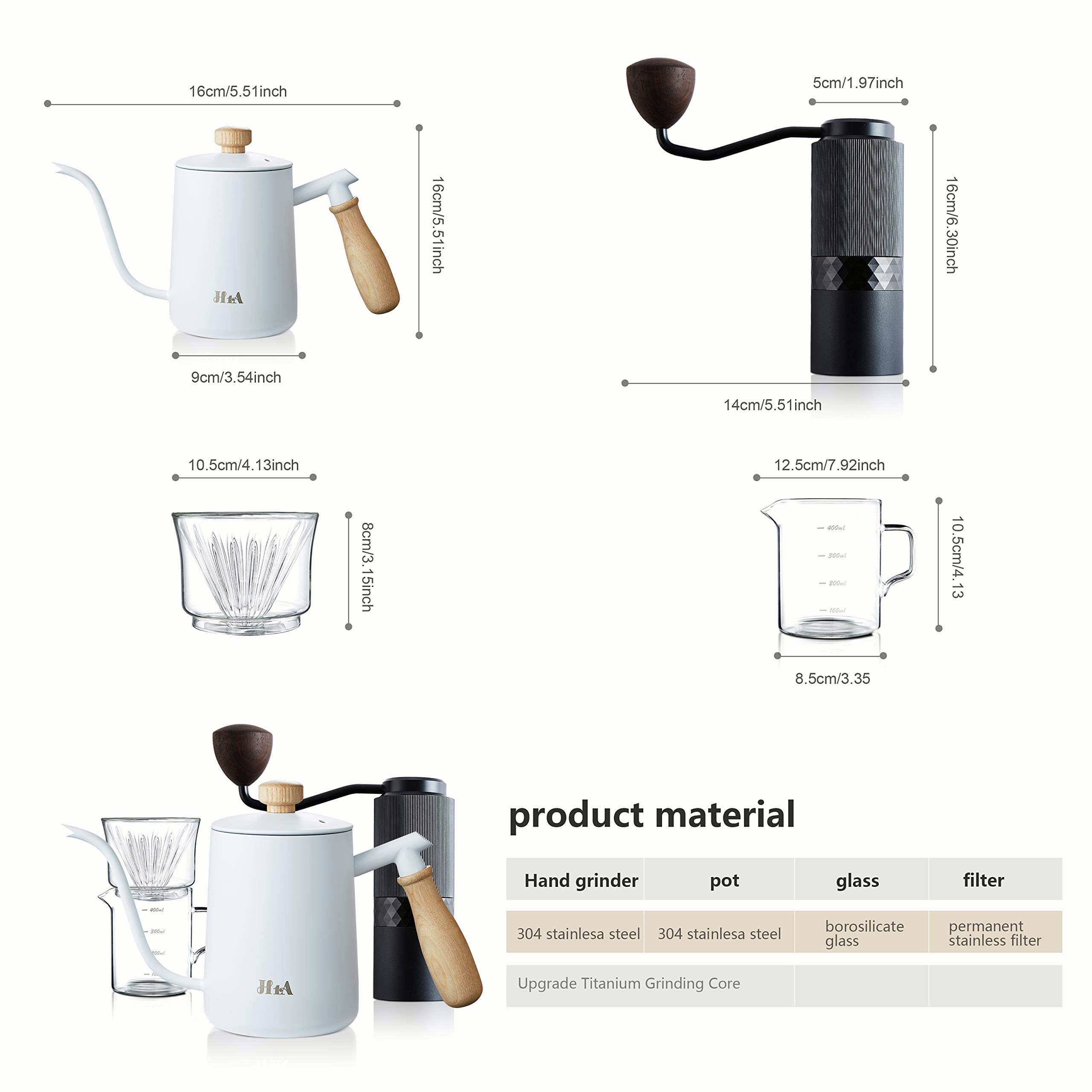 H1A Coffee Grinder Set, Pour Over Coffee Maker Set, Kit Includes Stainless Steel Gooseneck Kettle, Manual Coffee Grinder & Coffee Dripper Brewer & 40 pieces of coffee filter paper, Great Replacement for Coffee Machines, Excellent Coffee Gift (black)0