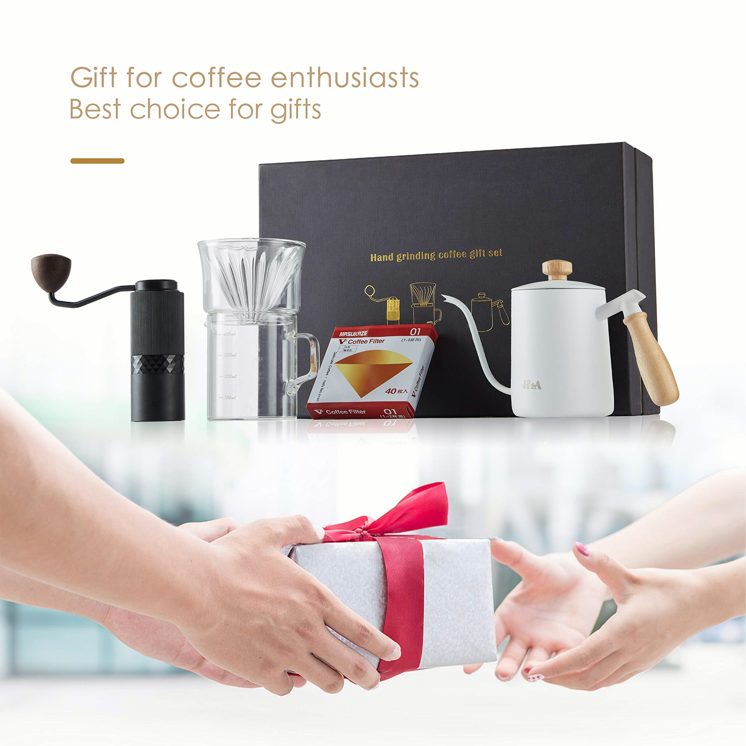 H1A Coffee Grinder Set, Pour Over Coffee Maker Set, Kit Includes Stainless Steel Gooseneck Kettle, Manual Coffee Grinder & Coffee Dripper Brewer & 40 pieces of coffee filter paper, Great Replacement for Coffee Machines, Excellent Coffee Gift (black)0