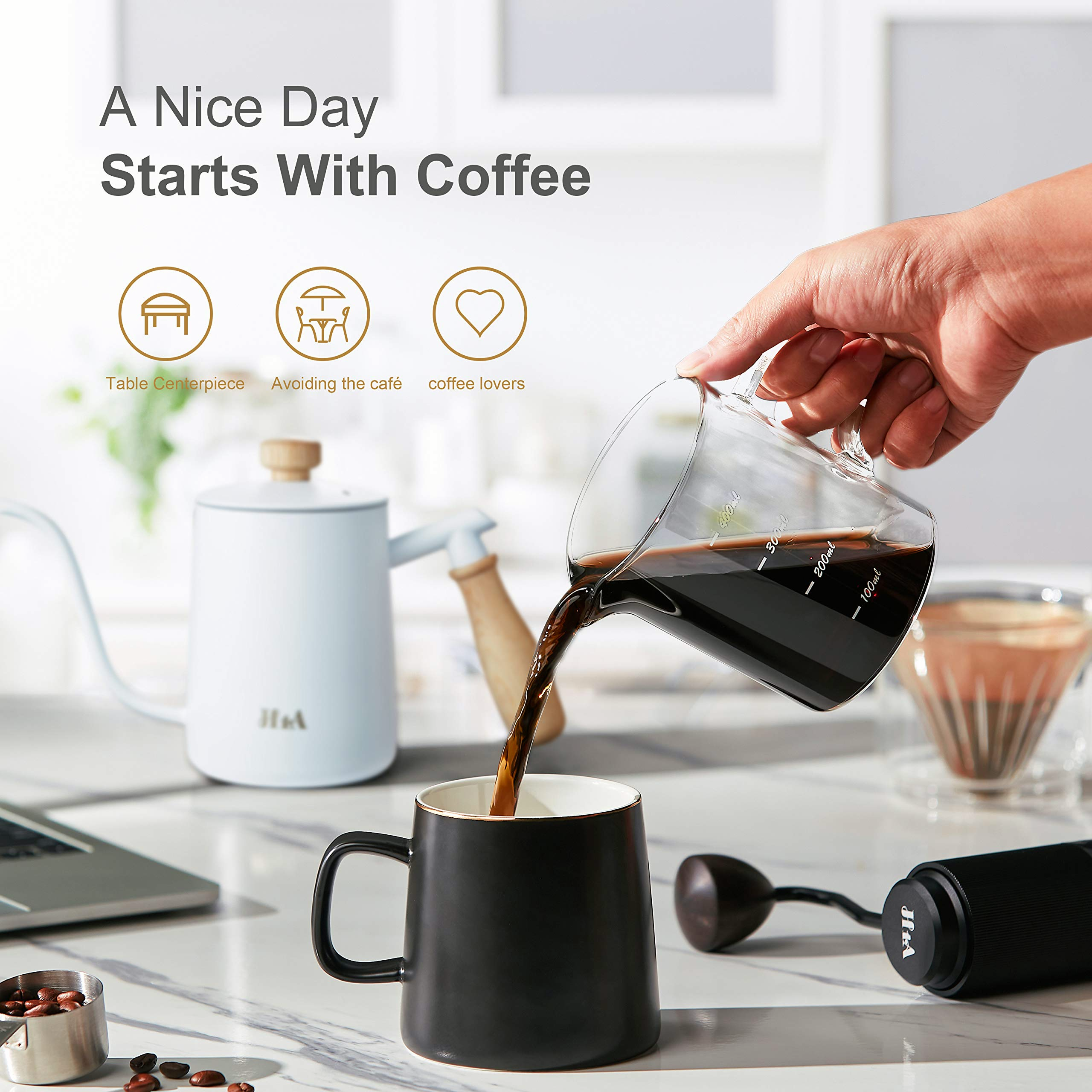 H1A Coffee Grinder Set, Pour Over Coffee Maker Set, Kit Includes Stainless Steel Gooseneck Kettle, Manual Coffee Grinder & Coffee Dripper Brewer & 40 pieces of coffee filter paper, Great Replacement for Coffee Machines, Excellent Coffee Gift (black)0