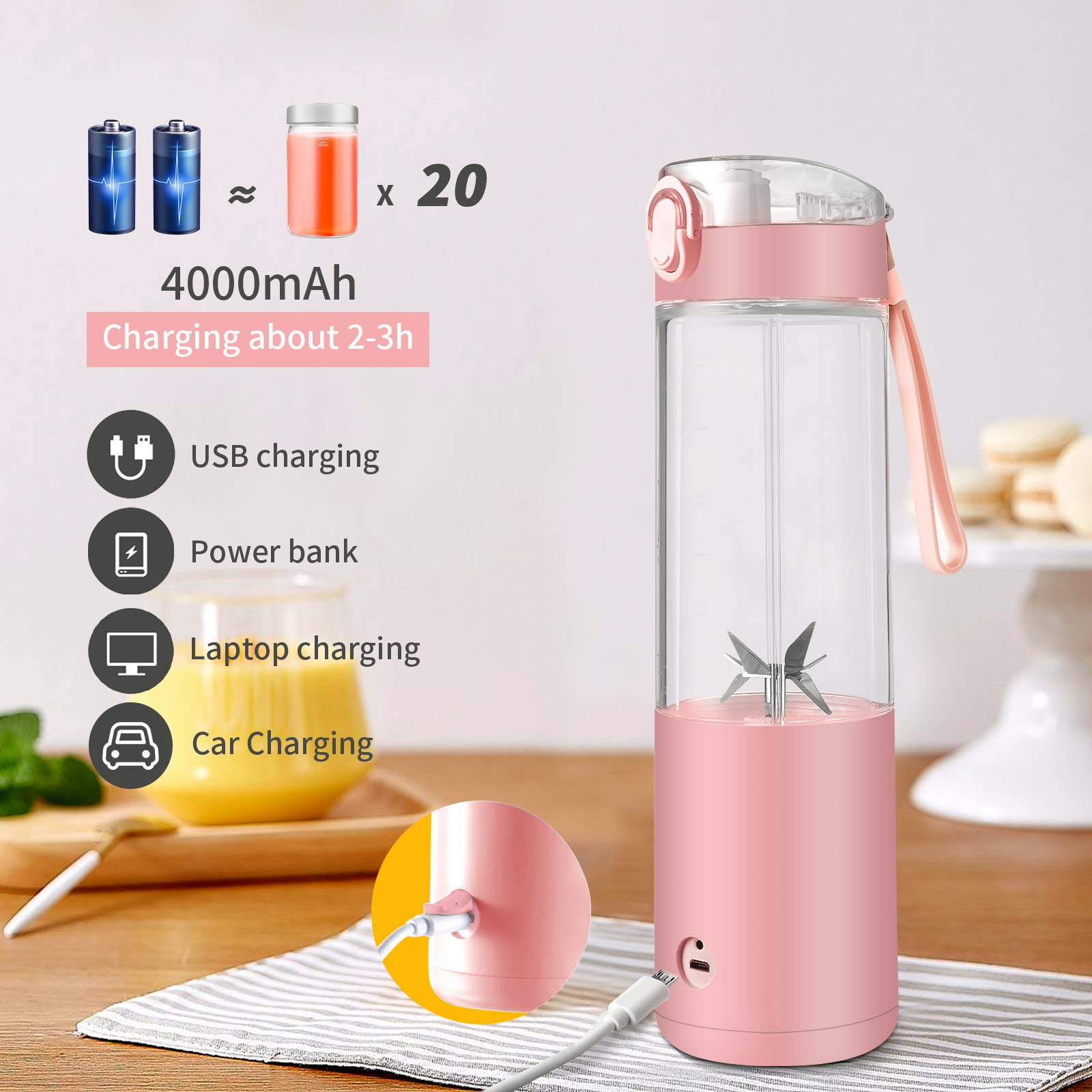 Portable Blender Personal Small Travel Blender Cup for Shakes & Smoothies , Portable Blender Bottle with 2pc 12oz Bottle & Attached Ice Tray , 4000mAh USB Rechargeable Battery