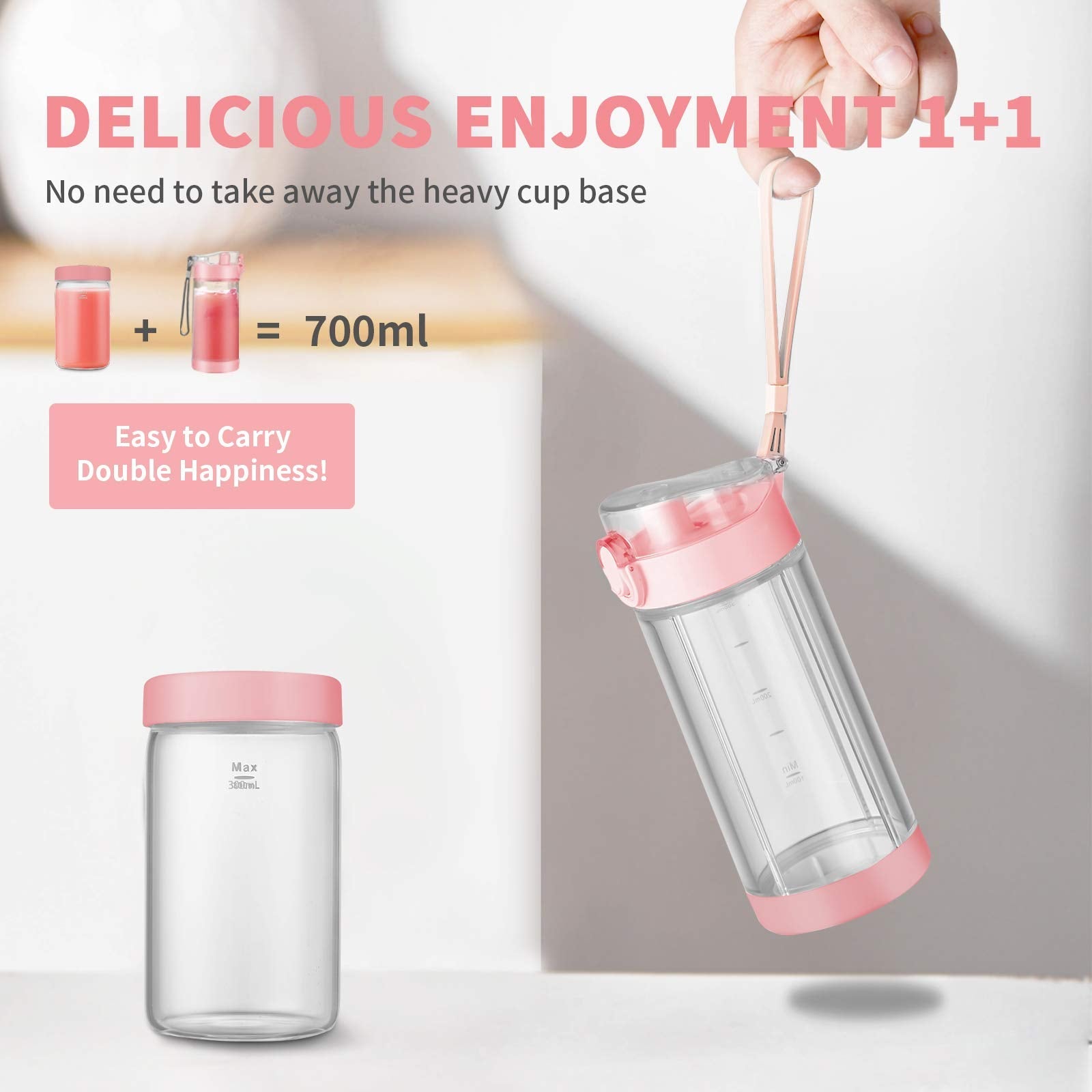 Portable Blender Personal Small Travel Blender Cup for Shakes & Smoothies , Portable Blender Bottle with 2pc 12oz Bottle & Attached Ice Tray , 4000mAh USB Rechargeable Battery