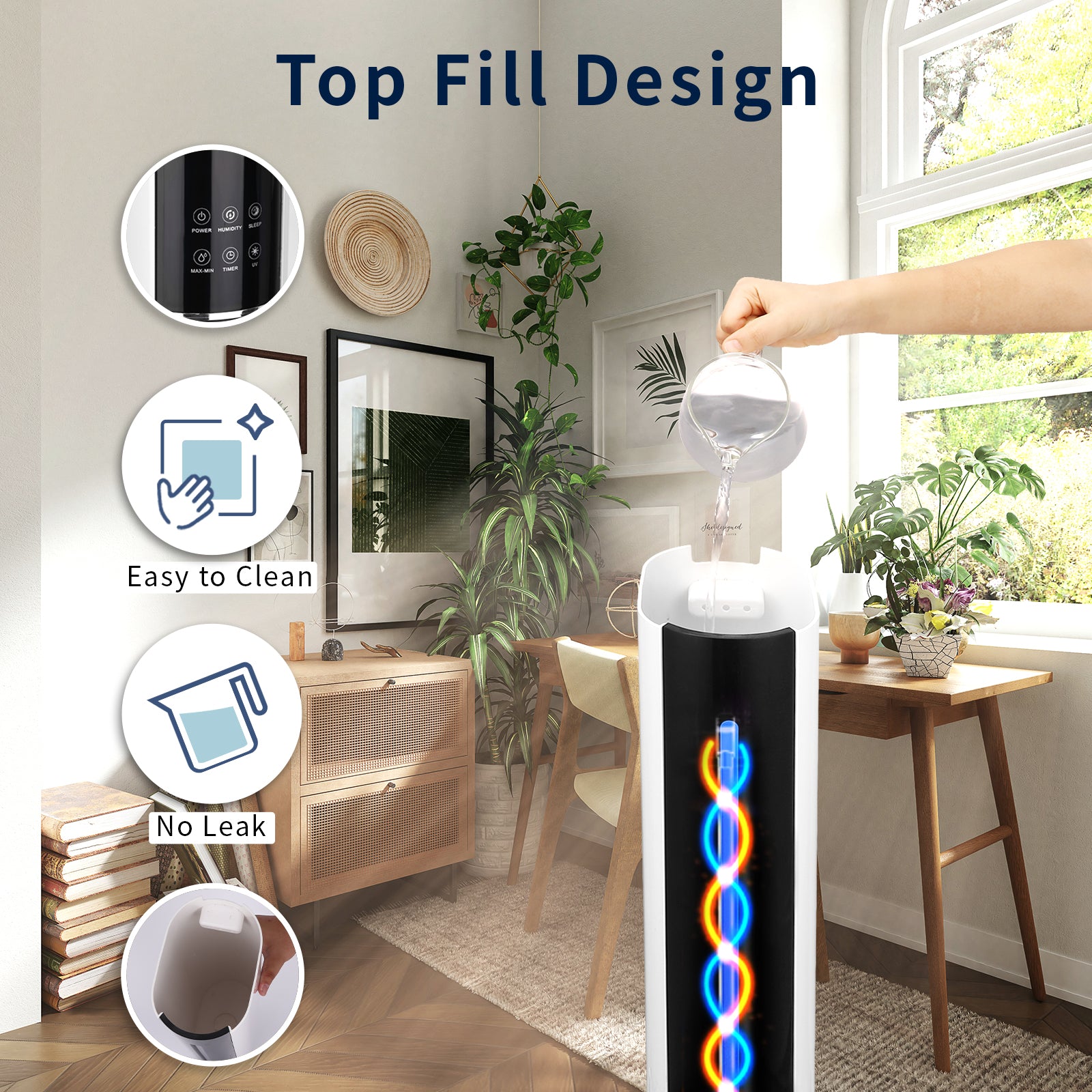 KELOPA Freestanding Humidifier with Top Fill 9L/2.4Gal Water Tank, Cool Mist Ultrasonic Air Humidifiers with Essential Oil, Adjustable 360° Nozzle, Whisper Quiet Operation, Sleep Mode, Auto Shut Off, for Home, Bedroom, Baby room, Office, Plants(Black&White)
