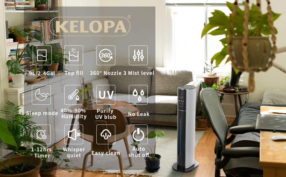 KELOPA Freestanding Humidifier with Top Fill 9L/2.4Gal Water Tank, Cool Mist Ultrasonic Air Humidifiers with Essential Oil, Adjustable 360° Nozzle, Whisper Quiet Operation, Sleep Mode, Auto Shut Off, for Home, Bedroom, Baby room, Office, Plants(Black&White)