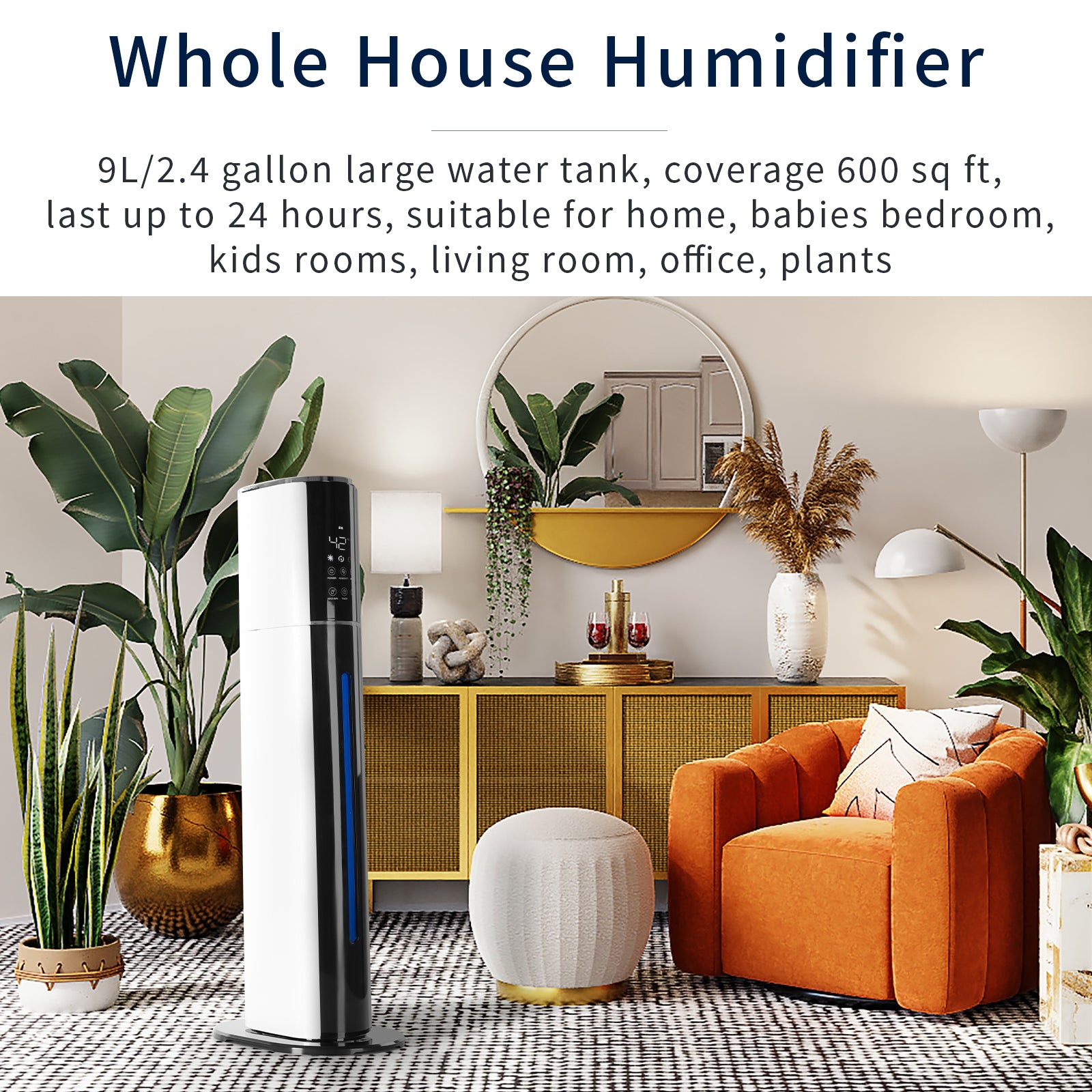 KELOPA Freestanding Humidifier with Top Fill 9L/2.4Gal Water Tank, Cool Mist Ultrasonic Air Humidifiers with Essential Oil, Adjustable 360° Nozzle, Whisper Quiet Operation, Sleep Mode, Auto Shut Off, for Home, Bedroom, Baby room, Office, Plants(Black&White)