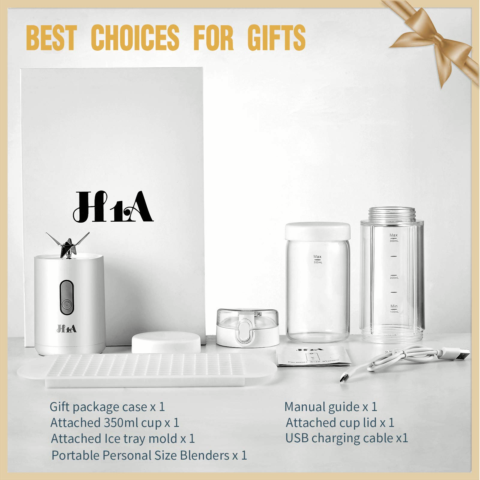 H1A Portable Blender Personal Small Travel Blender Cup for Shakes & Smoothies , Portable Blender Bottle with 2pc 12oz Bottle & Attached Ice Tray , 4000mAh USB Rechargeable Battery (White)