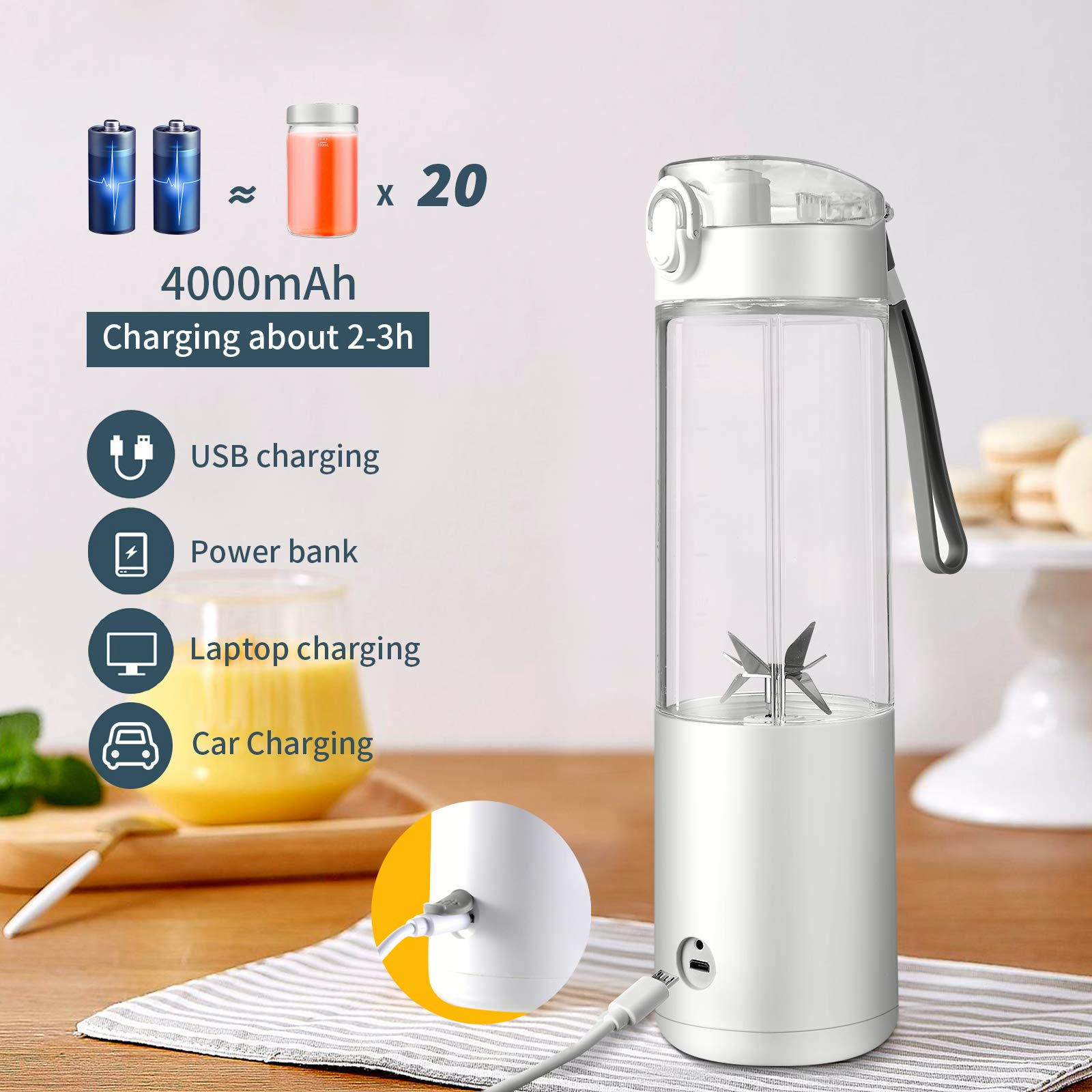 H1A Portable Blender Personal Small Travel Blender Cup for Shakes & Smoothies , Portable Blender Bottle with 2pc 12oz Bottle & Attached Ice Tray , 4000mAh USB Rechargeable Battery (White)