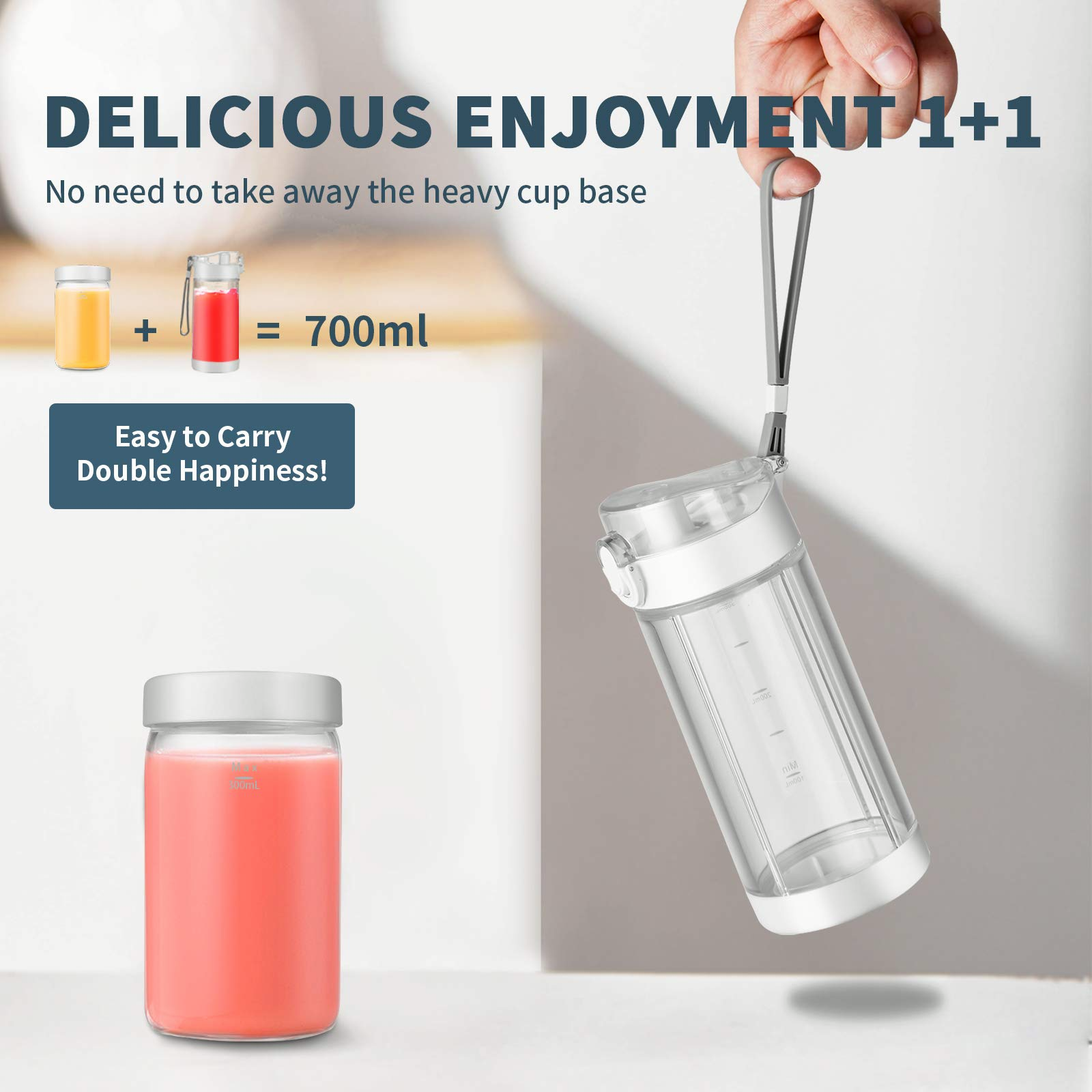 H1A Portable Blender Personal Small Travel Blender Cup for Shakes & Smoothies , Portable Blender Bottle with 2pc 12oz Bottle & Attached Ice Tray , 4000mAh USB Rechargeable Battery (White)
