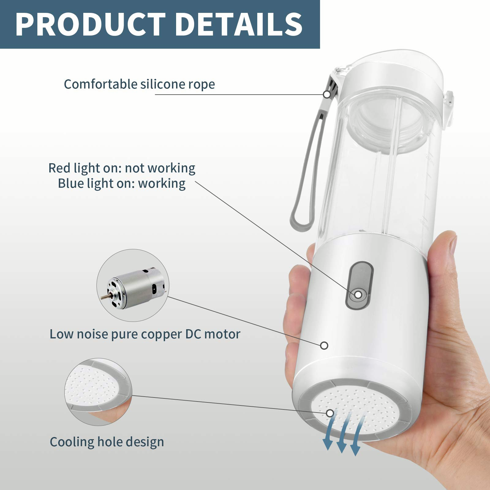 H1A Portable Blender Personal Small Travel Blender Cup for Shakes & Smoothies , Portable Blender Bottle with 2pc 12oz Bottle & Attached Ice Tray , 4000mAh USB Rechargeable Battery (White)