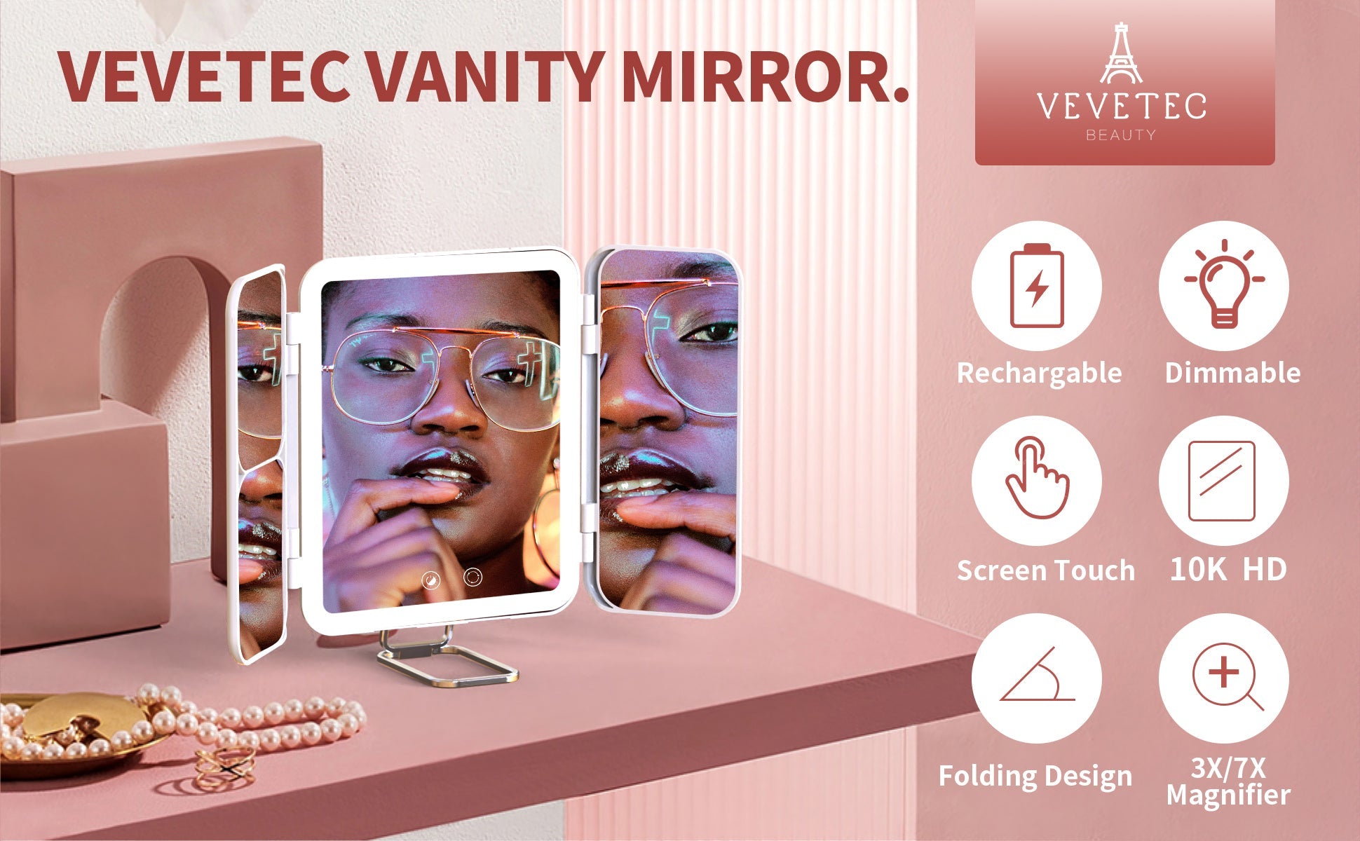 VEVETEC Rechargeable Lighted Makeup Mirror, Portable Trifold Led Vanity Mirror, Dimmable, 3Color, 1X/3X/7X Magnification1
