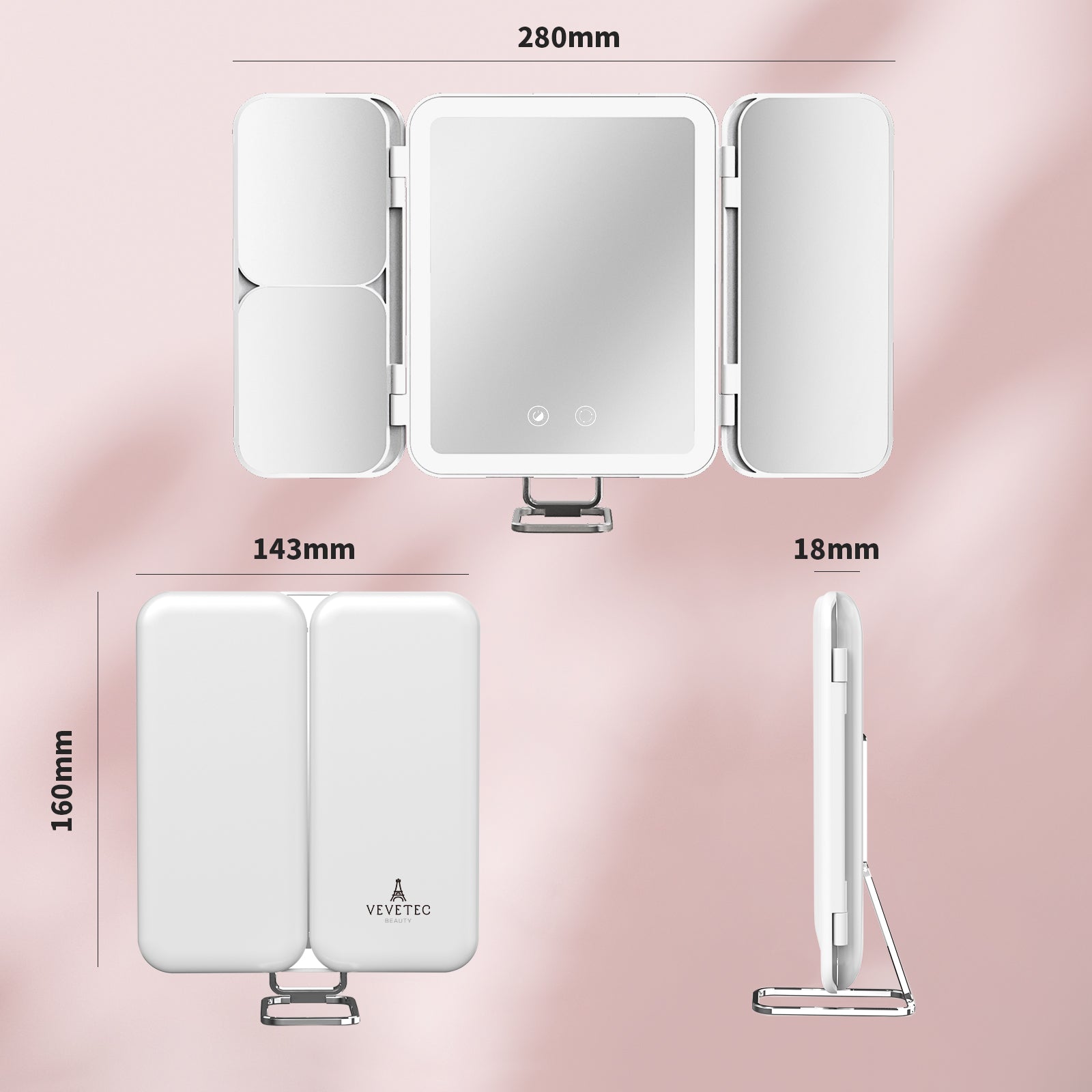 VEVETEC Rechargeable Lighted Makeup Mirror, Portable Trifold Led Vanity Mirror, Dimmable, 3Color, 1X/3X/7X Magnification5
